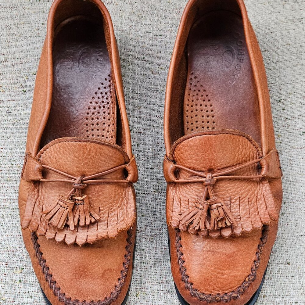 Dexter Comfort Women Loafer Brown Leather Tassel Fringe Block Heel Slip On Shoes - Picture 4 of 6